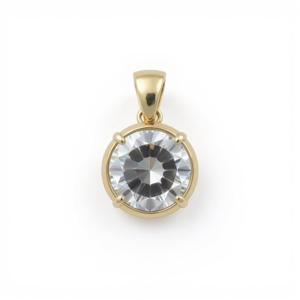 Close-up of round cut diamond on 14K Gold Pendant, macro texture shot