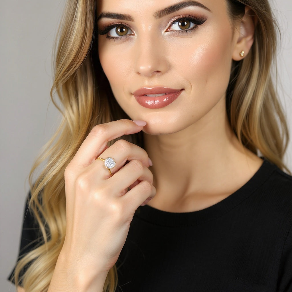 14k Gold Diamond Ring on velvet display, showcasing brilliance and elegance, editorial style