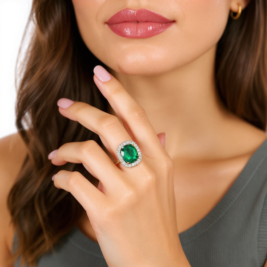 Close-up of emerald stone and diamond accents on 14K Gold Ring, macro texture shot