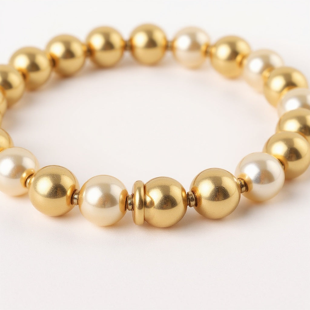 Close-up of pearl beading and gold details on Gold Beaded Bracelet, macro texture shot