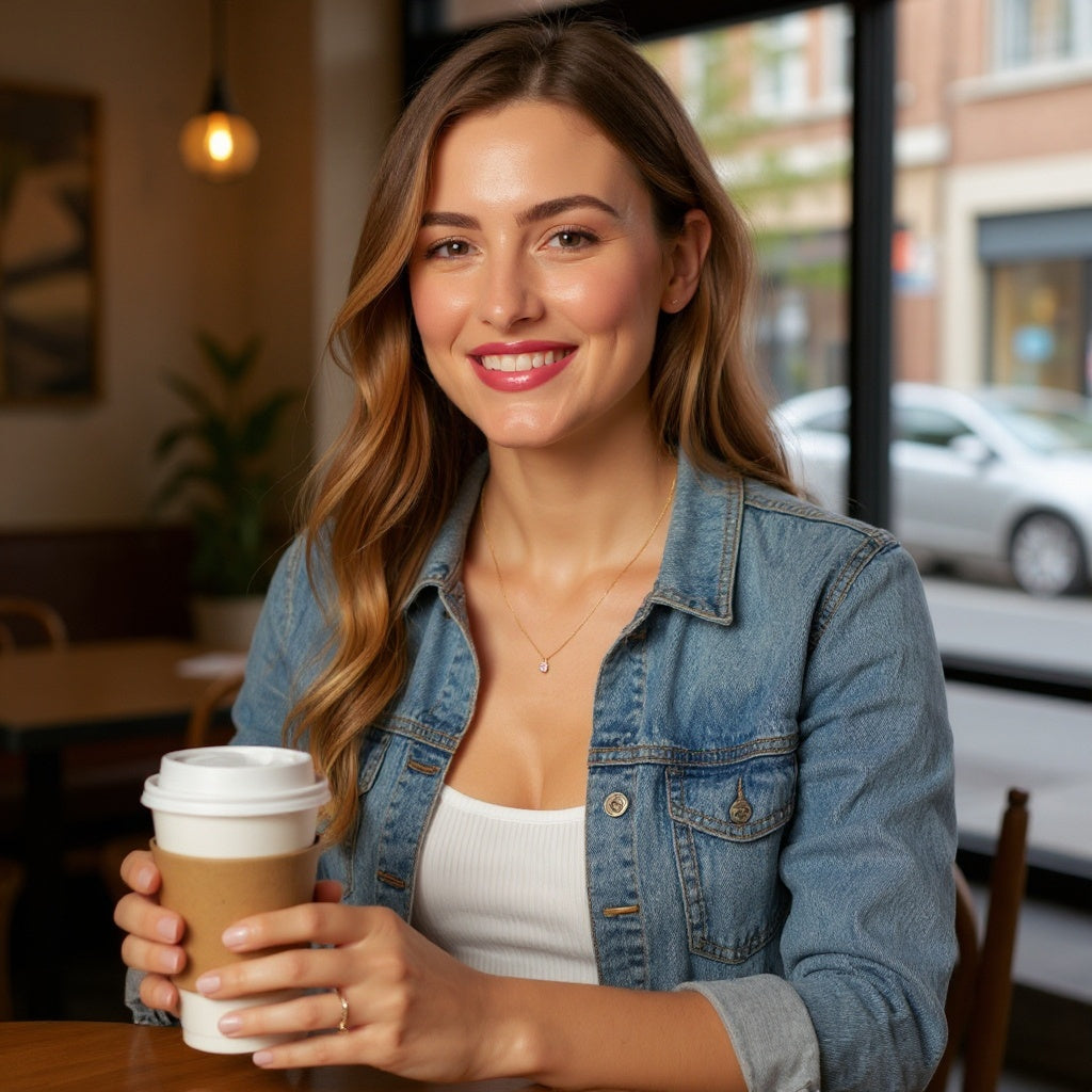 Gold Birthstone Pendant in a casual daytime outfit, layered with other delicate necklaces