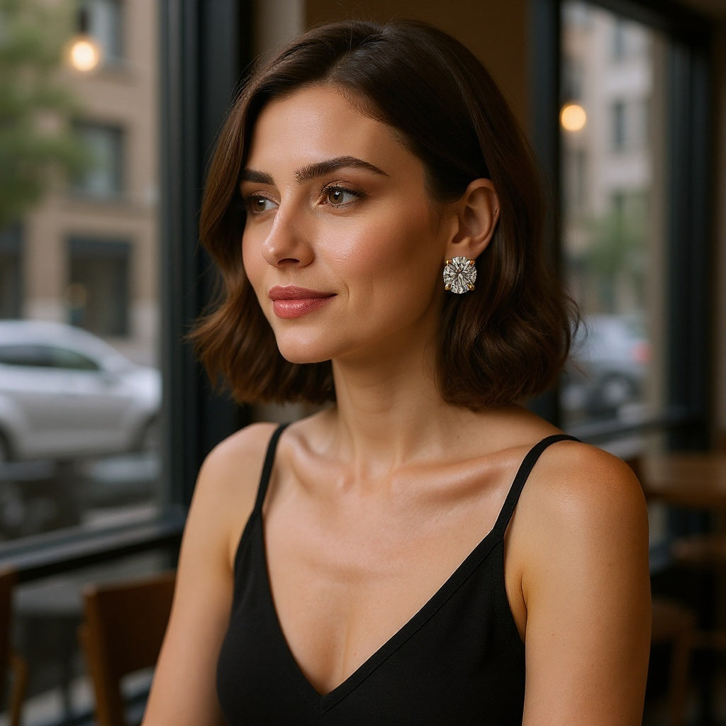 Gold Diamond Stud Earrings in a formal dinner setting, elegant jewelry for special occasions, natural lighting